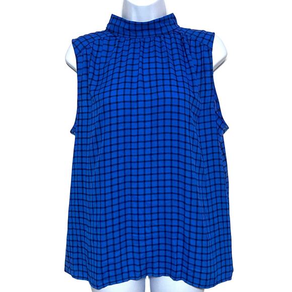Ann Taylor Sleeveless Top Blouse L Blue Black Check Career Office Chic Classic - Picture 1 of 7